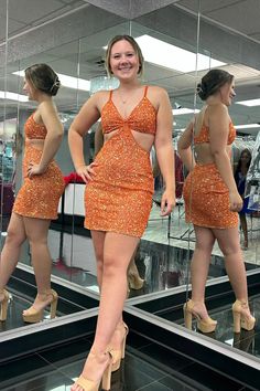 Turn heads at your next event with the Orange Sequins V Neck Tight Short Homecoming Dress. This stunning sheath-style dress is made from luxurious sequin fabric in bright orange that catches the light with every step, ensuring you shine all night long. The daring V-neckline and sleeveless design create a chic and flattering silhouette, while the zipper back offers a sleek and secure fit. This dress combines glamour and style, making it a must-have for your special occasions. Details: Silhouette: Orange Hoco Dress, Mermaid Prom Dresses Sparkly, Homecoming Dresses Bodycon, Prom Dresses Sparkly, Sequin Homecoming Dress, Short Homecoming Dresses, Hoco Dress, Short Homecoming Dress, Dress 2024