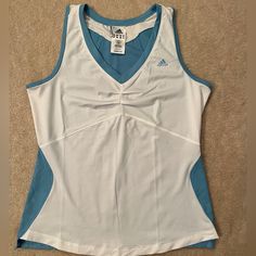 Nwot Adidas Activewear Tank Size L - Lightweight Sky Blue And White. Adidas Blue Activewear For Spring, Casual Sleeveless Adidas Activewear, Trendy Fitted Adidas Tops, White Stretch Adidas Tops, Adidas Fitted Moisture-wicking Top, Adidas White Athleisure Top, Spring Blue Adidas Tops, Blue Adidas Athleisure Top, Fitted Adidas Moisture-wicking Tops