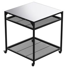 a black and white side table on wheels with a glass top, two shelves underneath it