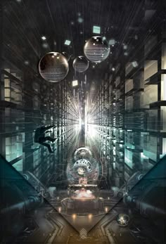 an abstract image of a futuristic city with lots of glass and metal balls hanging from the ceiling