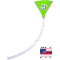 a green and white golf tee with the number 21 on it's tip in front of an american flag