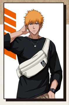 an anime character with orange hair is holding his arm up to his ear and wearing a black shirt