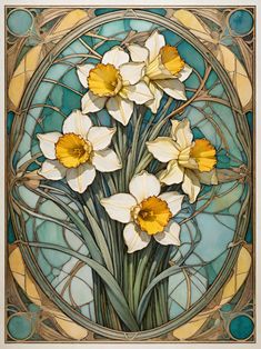 a stained glass window with yellow and white flowers