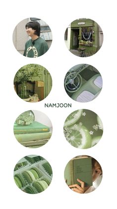 various images of green and white items with the words namoon written in them