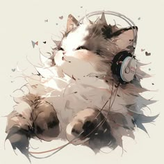 a cat with headphones laying on its back