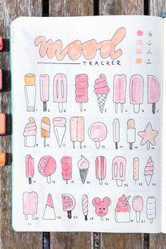 How awesome is this ice cream themed mood tracker!? Check out the rest of these June examples for inspiration! June Mood Tracker, June Bullet Journal Ideas, June Bullet Journal, Creating A Bullet Journal, Bullet Journal Mood Tracker Ideas, Tracker Ideas, Bullet Journal Tracker