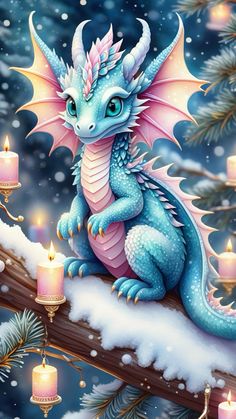 a blue dragon sitting on top of a tree branch next to some candles and snow