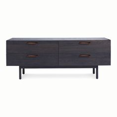 the sideboard with two drawers is made from wood and has metal handles on each drawer