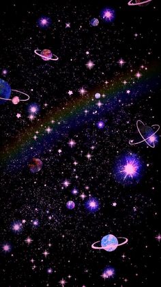 an image of planets and stars in the night sky with a rainbow on it's side