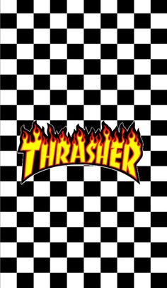 the thrash logo is shown on a checkerboard background with flames and black and white squares