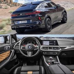 the inside and outside view of a bmw suv driving on a road with mountains in the background