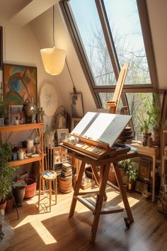 small attic art studio idea for small attics with low ceilings. Small Attic Spaces, Small Attic Room Ideas, Small Attic Room, Attic Room Ideas, Small Attic, Interior Design Per La Casa, Inspire Me Home Decor