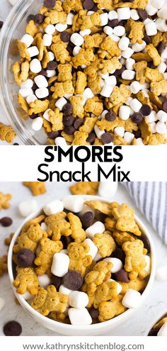 a bowl full of s'mores snack mix with chocolate chips and marshmallows