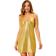 This beautiful dress is sure to turn heads with its adjustable spaghetti straps and v-neckline. Its metallic fabric catches the light and gives off a dazzling sparkle that will make you stand out on the dance floor. Perfect for a night out with friends, this dress is versatile enough to wear to birthday parties, club bars, cocktail parties, or even on a date. Dress it up or down for any occasion and feel confident and stylish. You could even wear it as a casual piece for everyday wear or a gathe Gold Slip Dress For Night Out In Spring, Glamorous Spaghetti Strap Slip Dress For Parties, Party Sequin Dress With Spaghetti Straps, Gold Slip Dress For Summer Party, Party Slip Dress With Spaghetti Straps, Glamorous Dresses With Spaghetti Straps And Shimmer, Gold Spaghetti Strap Mini Dress For Date Night, Glamorous Spaghetti Straps Slip Dress For Party Season, Gold Mini Dress With Spaghetti Straps For Date Night