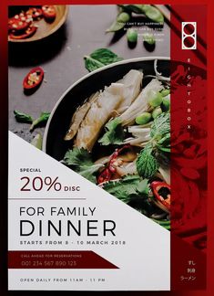 a flyer for a dinner with vegetables on the table