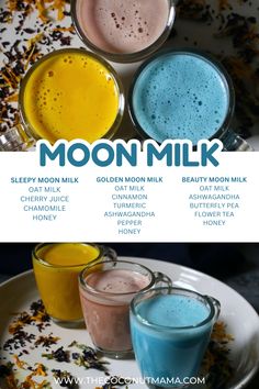 three different types of smoothies on a plate with the words moon milk above them