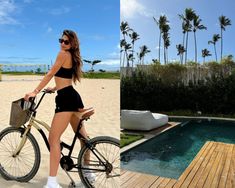 a woman riding a bike on top of a wooden deck next to a swimming pool