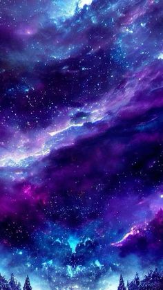 the sky is filled with purple and blue stars