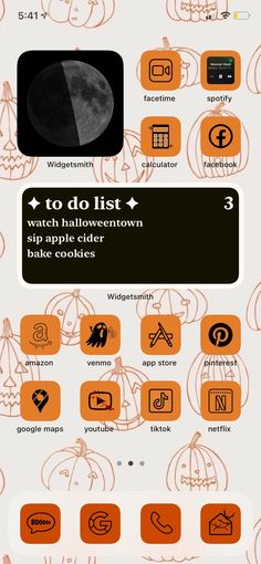 an orange and white background with some icons on the bottom right corner, which include pumpkins