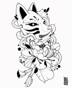 an ink drawing of a fox with flowers on it's chest and head in the center