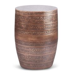 a wooden stool with intricate designs on it