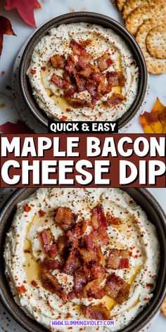 two bowls filled with maple bacon cheese dip