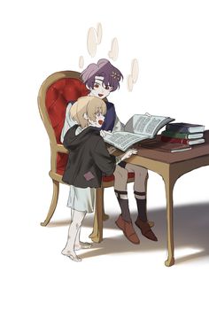 two people sitting at a table with books