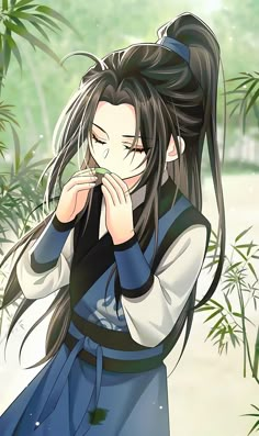 an anime character with long black hair standing in front of bamboo trees and holding her hands to her mouth