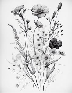 black and white drawing of flowers on a white background