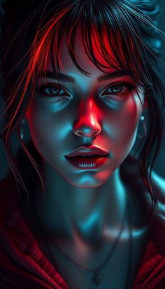 a digital painting of a woman's face with red light coming from her eyes