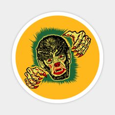 a round sticker with an image of a zombie hand coming out of the center