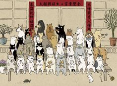 a group of cats and dogs standing in front of a building with chinese characters on it