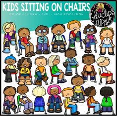 kids sitting on chairs clip art for children's room or playroom, with the words