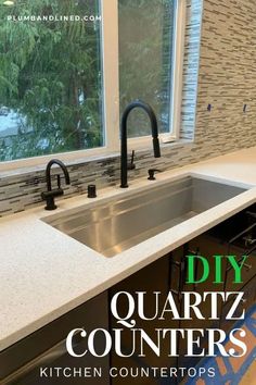 a kitchen sink with the words diy quartz counters on it