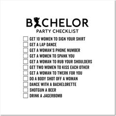 the bachelor party checklist is shown in black and white, with an image of a woman's name on it