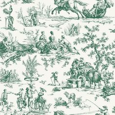 a drawing of people and animals in the woods on a white wallpaper with green ink