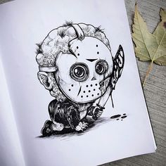 a drawing of a person wearing a mask and holding a knife next to a leaf