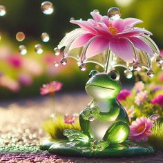 a frog sitting under an umbrella on the ground with flowers and water droplets falling from it