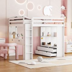 a child's bedroom with pink walls and white furniture, including a loft bed