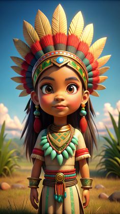 an animated character in native american clothing and headdress with feathers on her head