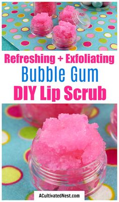 DIY Bubble Gum Lip Scrub- Want beautiful lips? This DIY bubble gum lip scrub will exfoliate your lips and leave them feeling so refreshed! This homemade lip scrub also makes a wonderful DIY gift! | make your own sugar scrub, #lipScrub #sugarScrub #DIY #DIYgift #ACultivatedNest Make Your Own Scrub, Diy Bubble Gum, Make Your Own Sugar Scrub, Edible Lip Scrub, Homemade Lip Scrub, Flavored Lip Scrub, Joululahjat Diy, Gloss Diy, Diy Lip Scrub