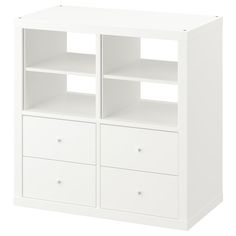 a white bookcase with three drawers and two doors