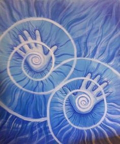 three spirals with hand prints on them in blue and white colors, as well as two hands