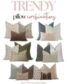 pillows with the words trendy pillow creations on them in different colors and sizes, along with