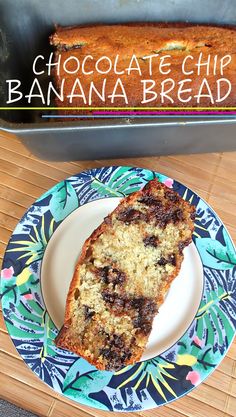 chocolate chip banana bread on a plate next to a baking pan with the cake in it