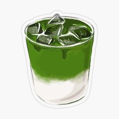 a green drink with ice cubes in it on a white background sticker,