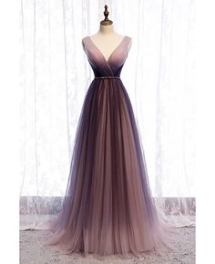 V-neck Tulle Evening Dress For Prom, Purple Tulle Evening Dress For Prom, Purple Tulle Evening Dress With Sweep Train, Purple Tulle Prom Evening Dress, V-neck Evening Dress With Tulle Skirt, Long Ball Dresses, V Neck A Line Dress, Ombre Prom Dresses, Tulle Evening Dress