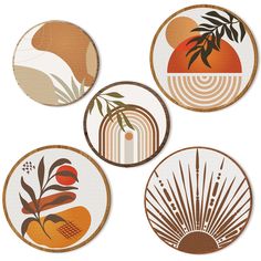 four circular coasters with abstract designs on them, each featuring an orange and brown plant