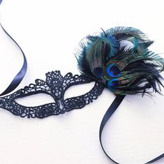 Black lace mask with peacock feathers/ Peacock Mask, Kids Party Packs, Black Masquerade, Feather Mask, Female Mask, Masquerade Mask, Black Mask, Peacock Feathers, White Silver