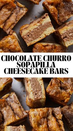 chocolate churro soappella cheesecake bars stacked on top of each other with text overlay